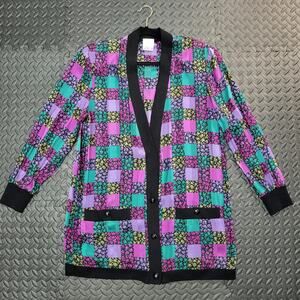Vintage Starington 100% Silk Cardigan Women's 16 Floral Plaid Colorblock 80s
